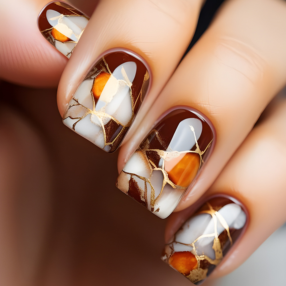 24 piezas de parche de uñas falsas cuadradas cortas, sensación de alto grado, melarad, chapa de oro agrietada, manicura de piedra image 1