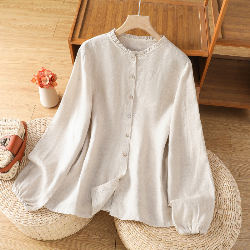 Camicia da donna retrò a maniche lunghe, elegante e snellente, in cotone e lino, con colletto a volant, nuova collezione 2026._voghion.com