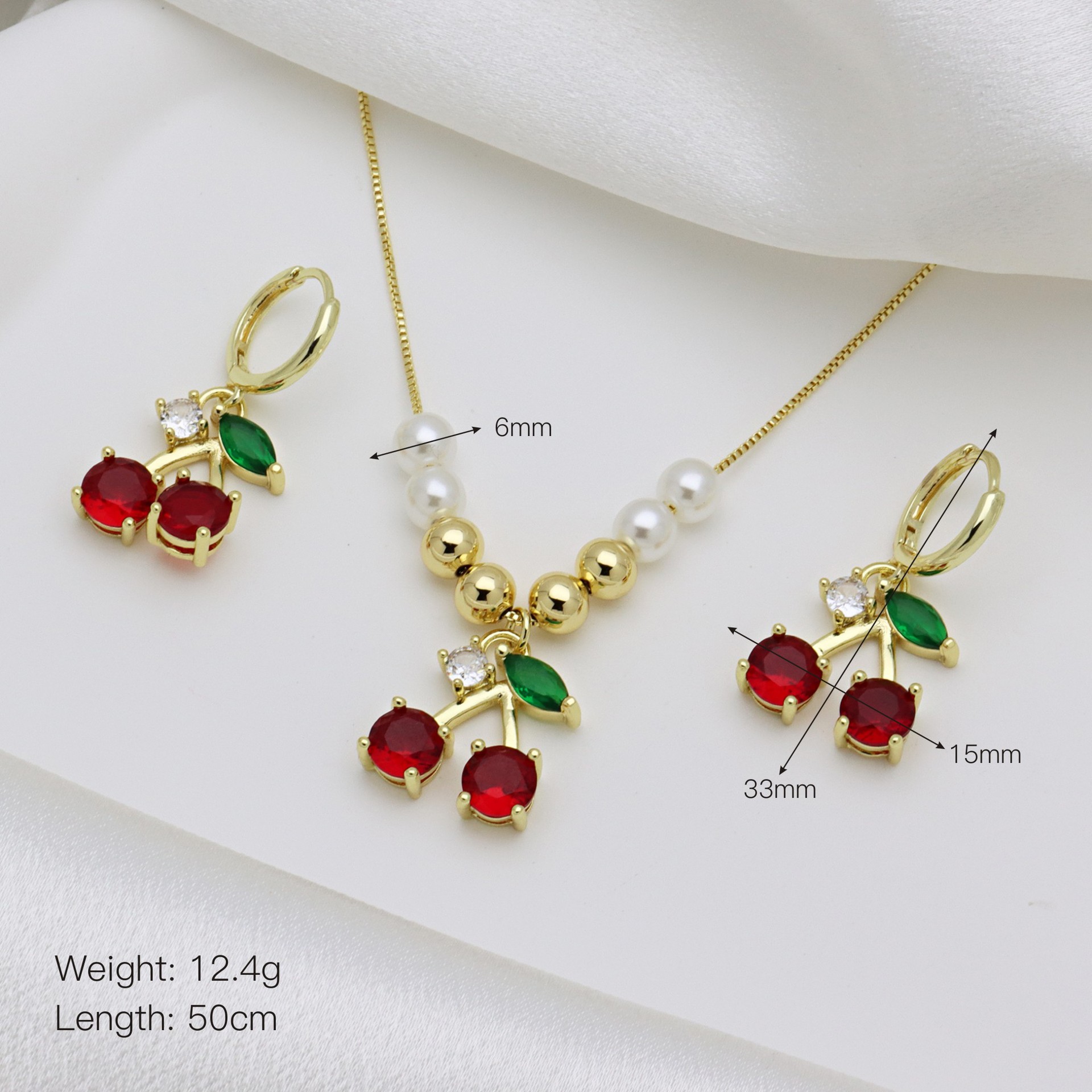16g Weight Zircon Inlay Material Jewelry Set Classification box chain Chain Type 1 Set Quantity Holiday Occasion Copper Material Cherry Pattern All Seasons Season Women's Gender Inlay Design Vacation, Simple Style Style Wholesale Jewelry Vacation Simple Style Cherry Copper Zircon Inlay Jewelry Set Box Chain 12