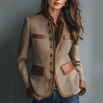 Cappotto da donna in lana color-block in velluto retrò francese, colletto da abito di alta qualità, casual, slim fit, con maniche lunghe, nero/grigio_voghion.com