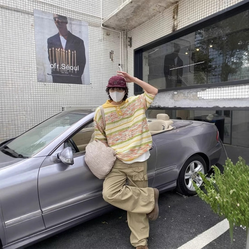 Relaxed Short Sleeve Polo Shirt for Men and Women, Striped Gradient Lattice Collar Knit Button T-Shirt