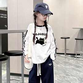 纯棉韩版儿童卡通三杠长袖女童2025秋季学生中大童撞色打底衫上衣