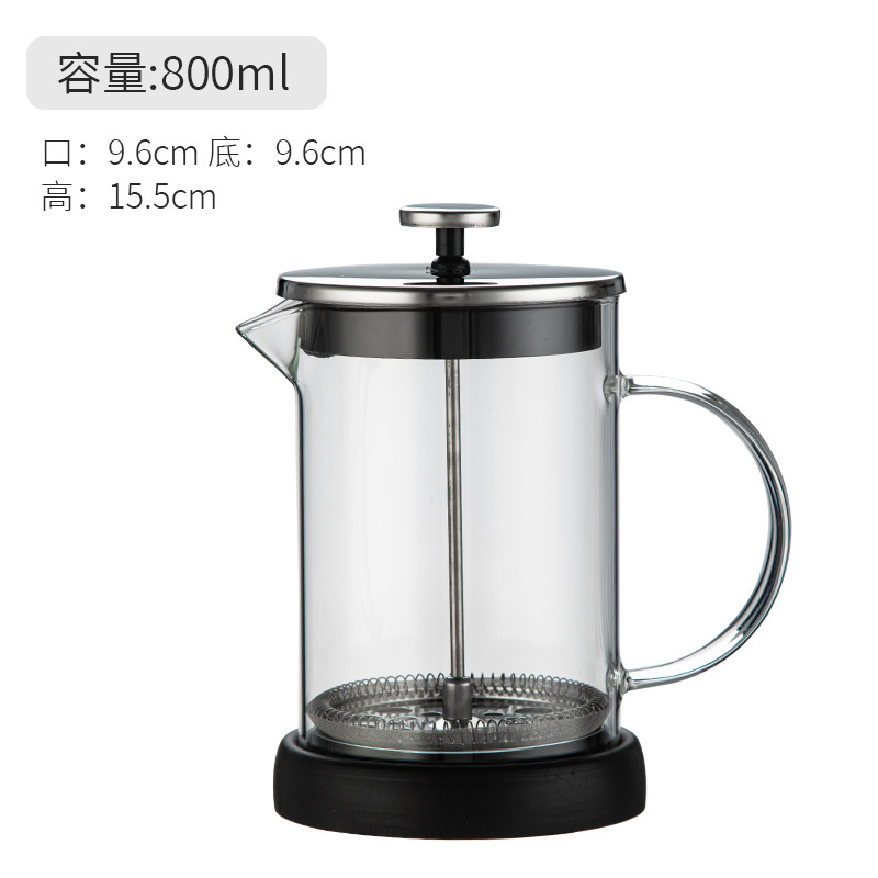 Cafetera de preparación, olla de filtro de perforación manual, taza de filtro de café de espuma de leche de vidrio, tapa de acero inoxidable, olla de presión al por mayor