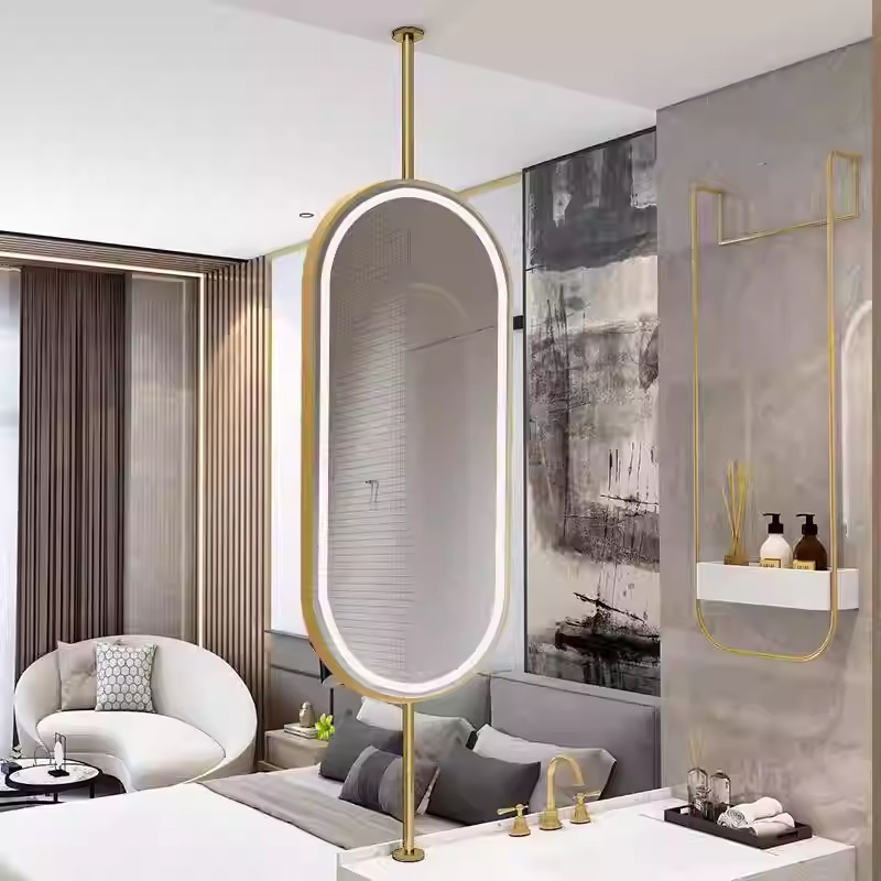 Hotel residencial lujo ligero pluma oval espejo de baño 2025 nuevo espejo colgante del lavabo con productos de lámpara image 2