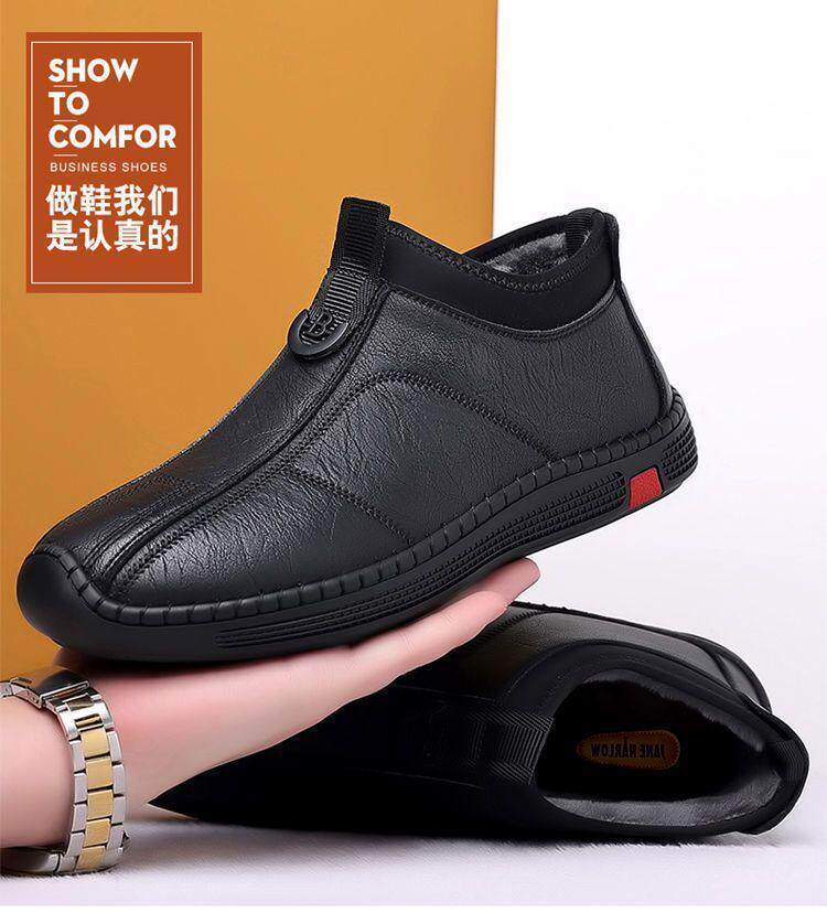 Bốt nam cổ trung lót lông giữ ấm chống trượt, giày da lười đế bằng — giày nâu, giày đen, Lông cừu đen, Màu nâu cộng với nhung chi tiết 2