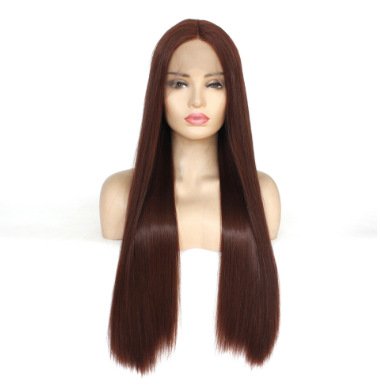 Peluca de comercio exterior Europa y América, cabello largo y liso marrón, gancho de media mano, encaje delantero, abrigo de fibra química, fabricante LW0147