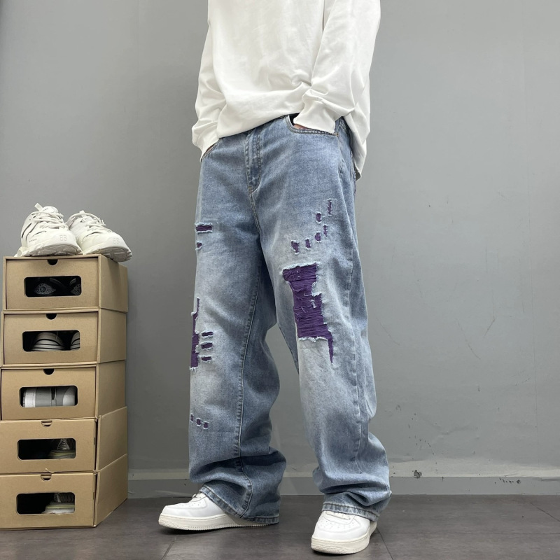 Cross-Border High-End Purple Ripped Jeans for Men, American High Street Style, Vintage Loose Straight Fit, Versatile Trendy Men's Long Pants