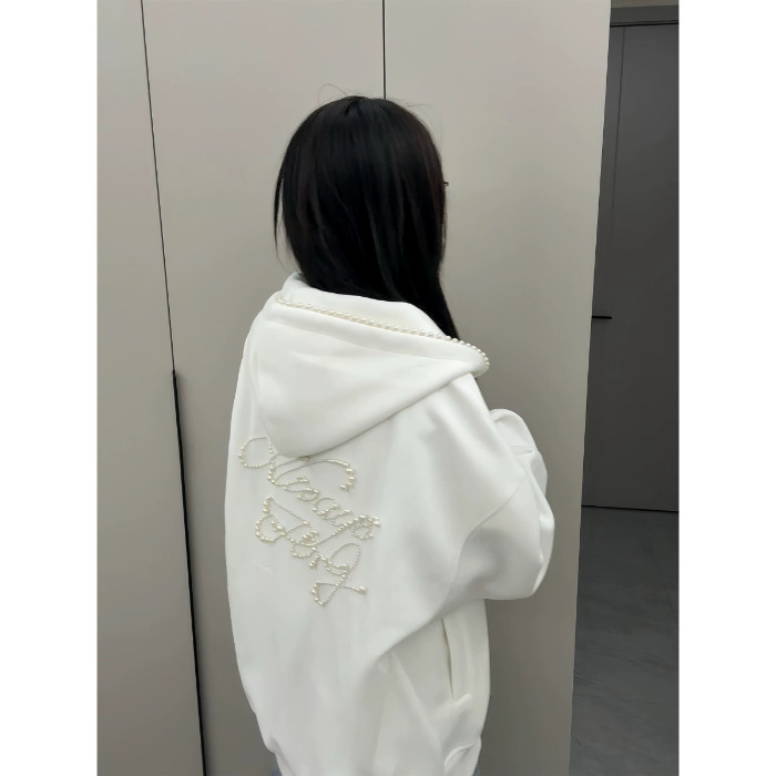 美式潮牌珍珠字母刺绣连帽卫衣女秋季设计感小众宽松复古开衫外套|undefined