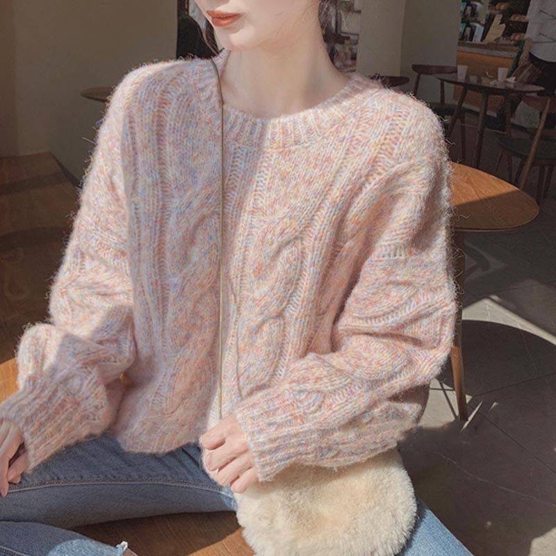 慵懒风毛衣女秋冬新款蓬松混色温柔外穿套头加厚针织衫上衣外套潮|undefined