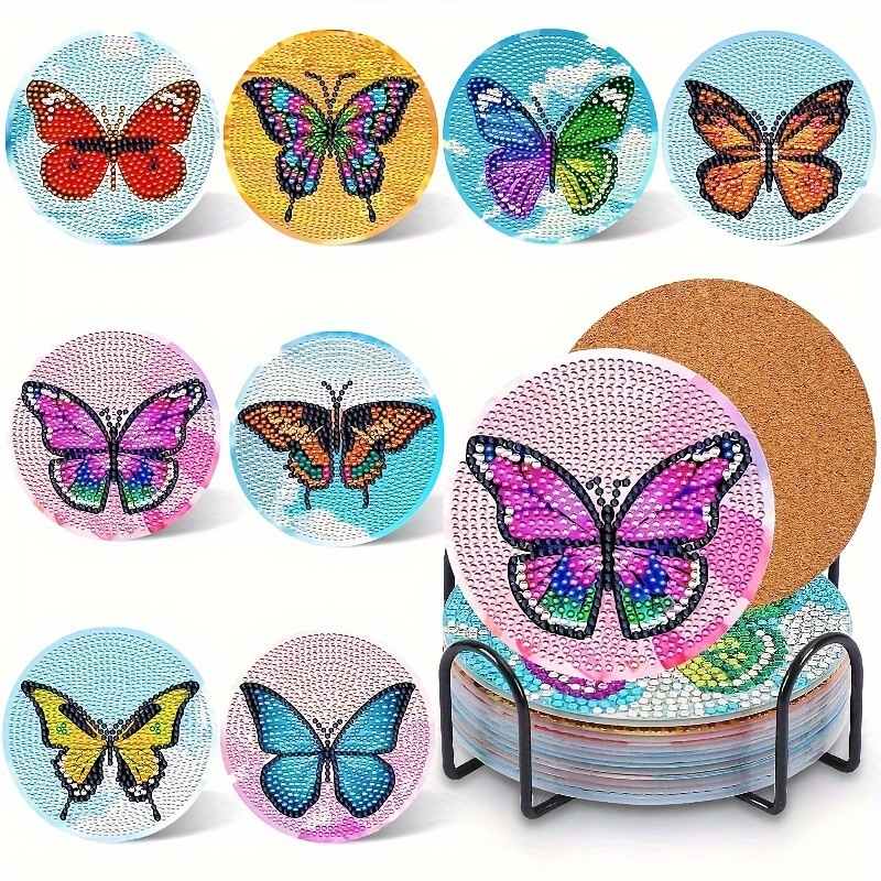 Ventas transfronterizas calientes de 8 piezas de conjunto de cojín de taza de arte de diamante, con soporte, pequeño conjunto de pintura de diamante, adecuado para adultos
