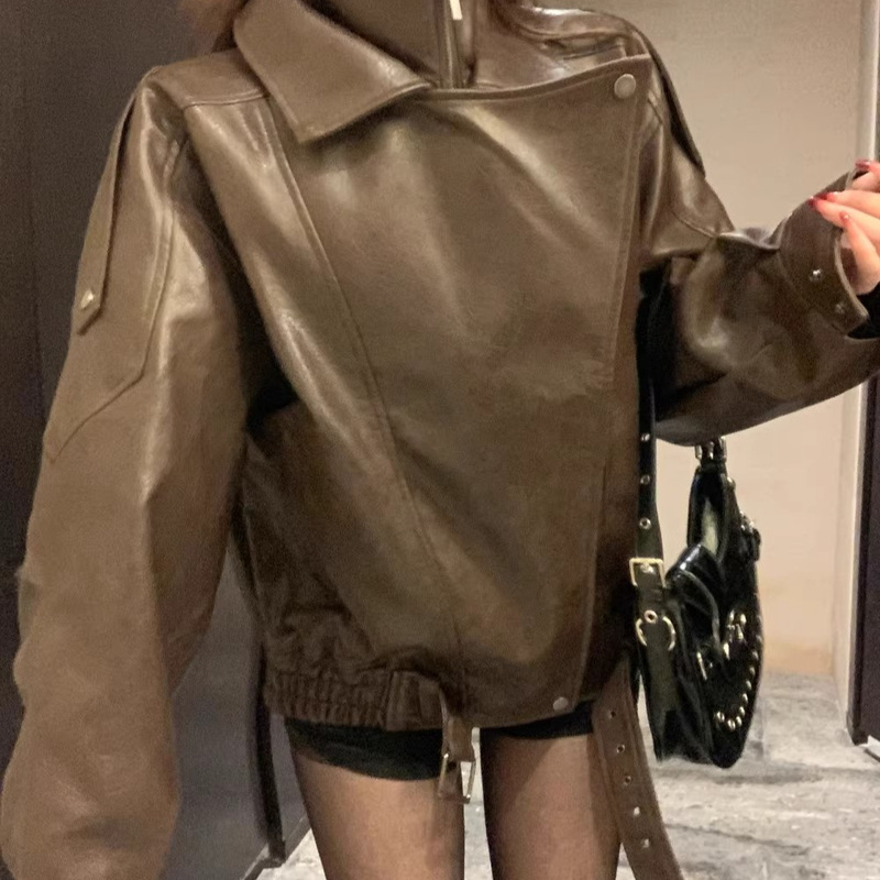 Black Retro Motorcycle Lapel Pu Leather Jacket for Women, Cool and Stylish Style, 2025 Spring and Autumn New Leather Jacket Top