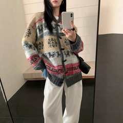 潮流复古牛角扣提花针织衫外套女秋冬新款加厚宽松大码中长款毛衣
