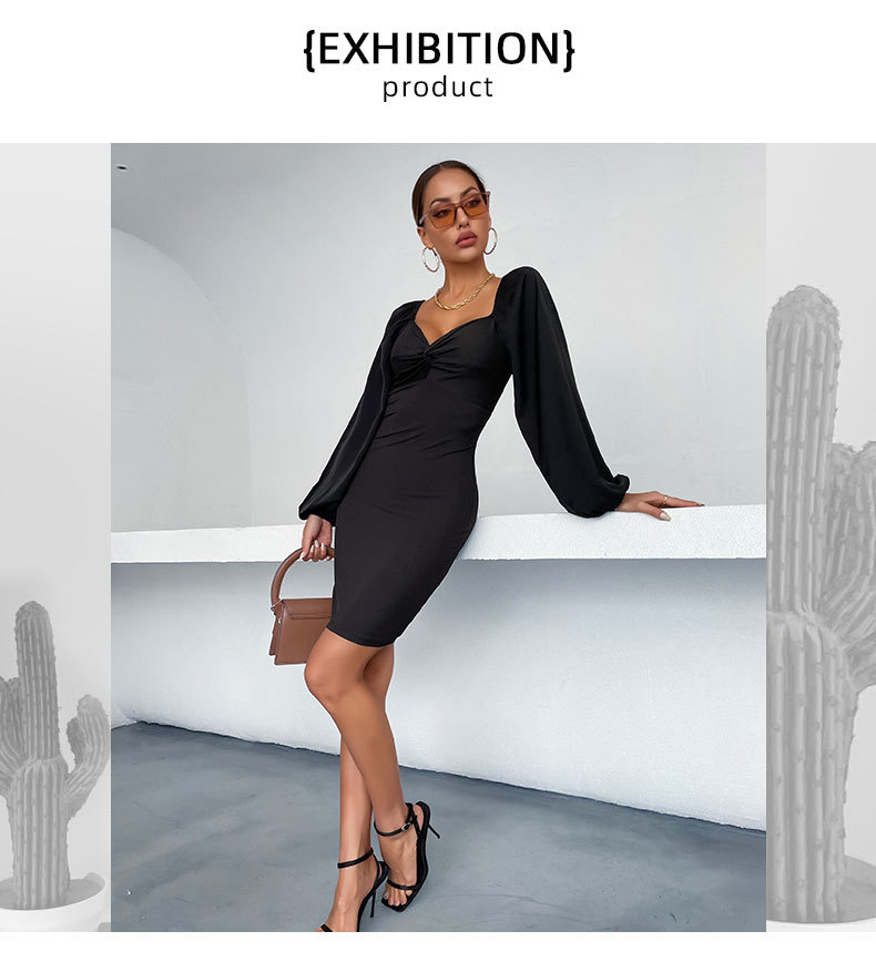 Black Lantern Sleeved V-Neck Tight Dress NSDMB104556