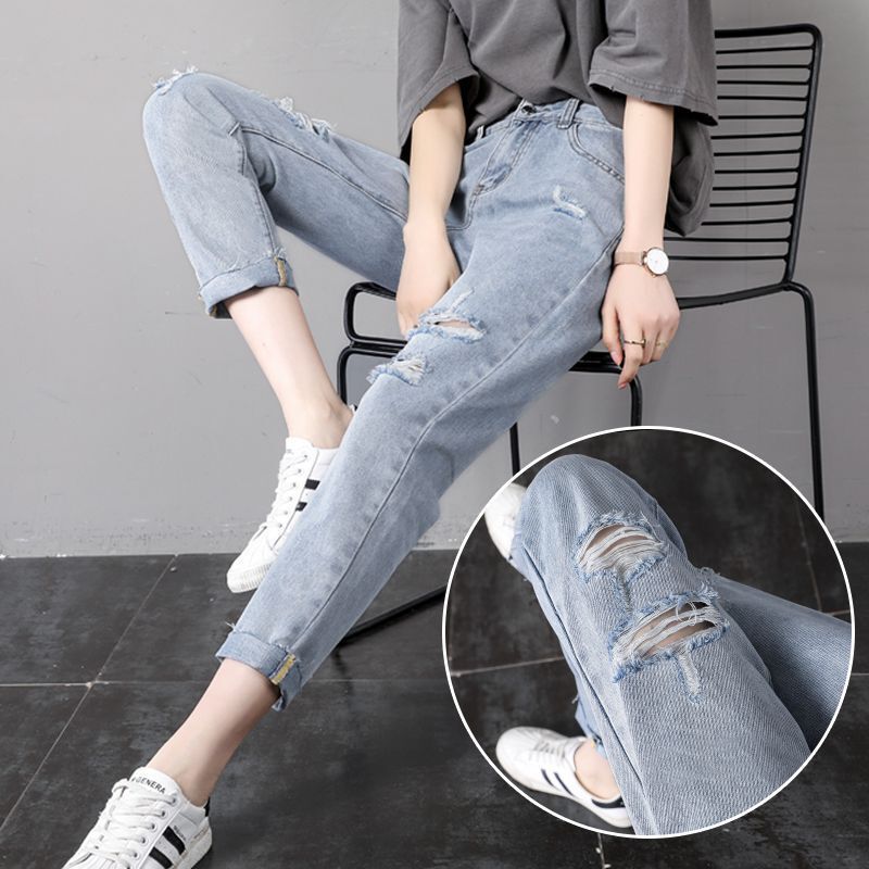 Ripped Cropped Jeans Women's Loose Summer Thin Fashionable Slimming High Waist Straight Casual Pants
