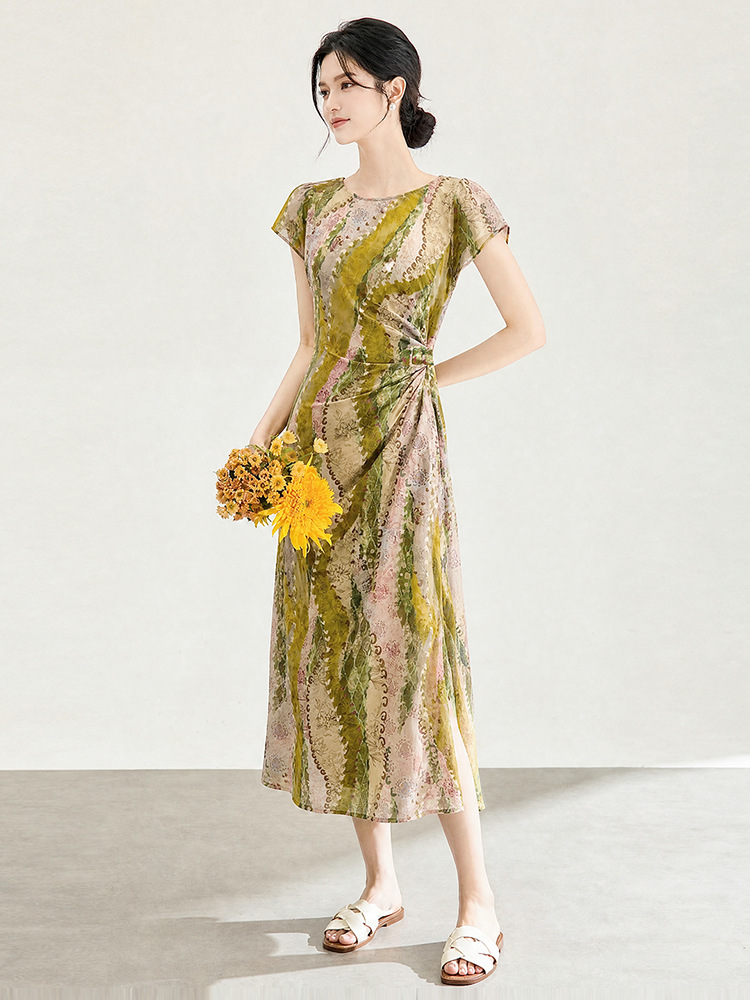 Đầm maxi nữ họa tiết bohemian tay ngắn thắt eo chất liệu voan — màu hồng