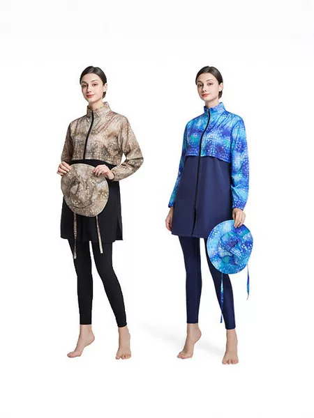Three-piece conservative swimsuit for women, long-sleeved, sun-protective, quick-drying, sporty swimwear with printed beachwear design
