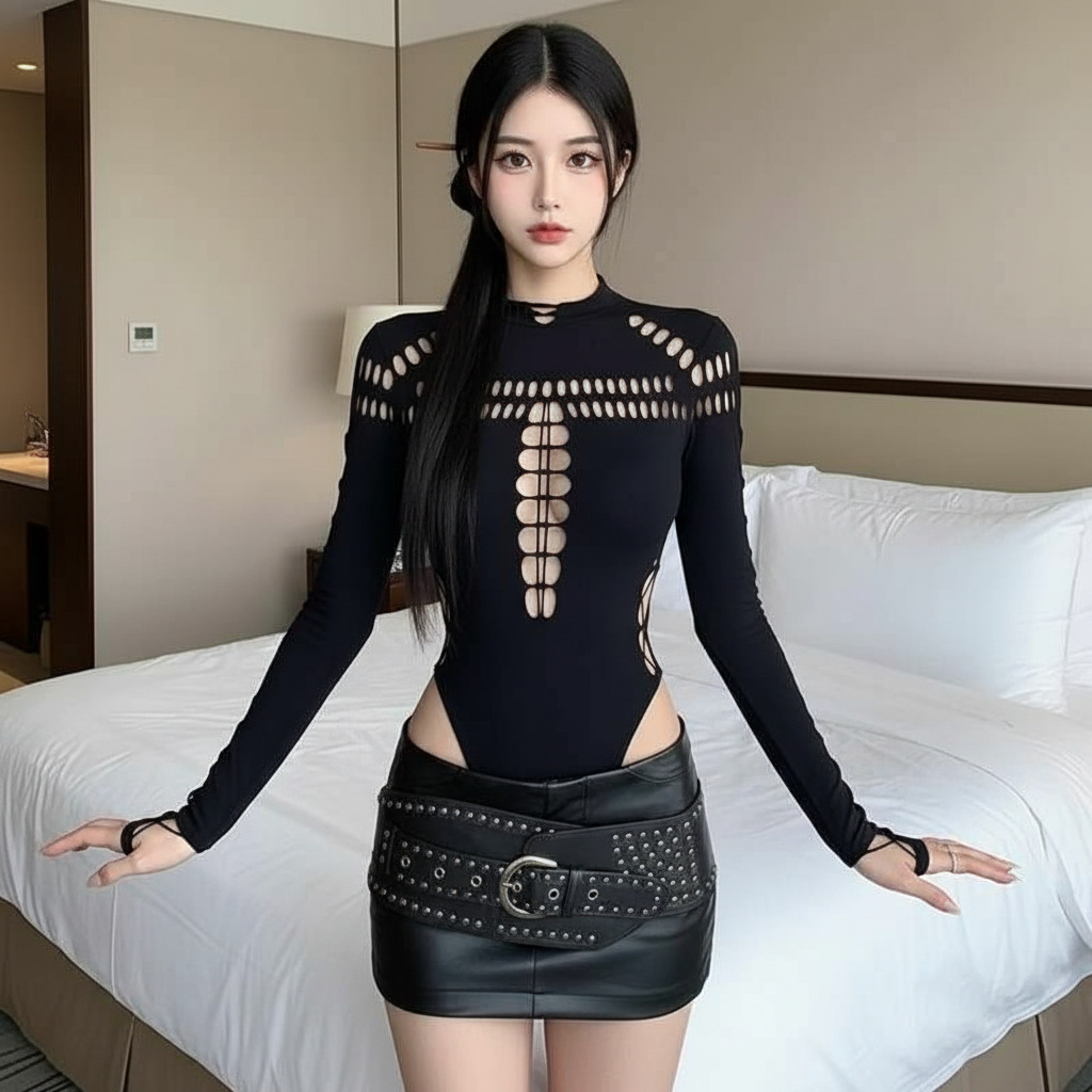 American Retro Spicy Girl Mesh Long-Sleeve Top with Black Stockings, Sheer Hollow-Out Summer Style — detail image 2