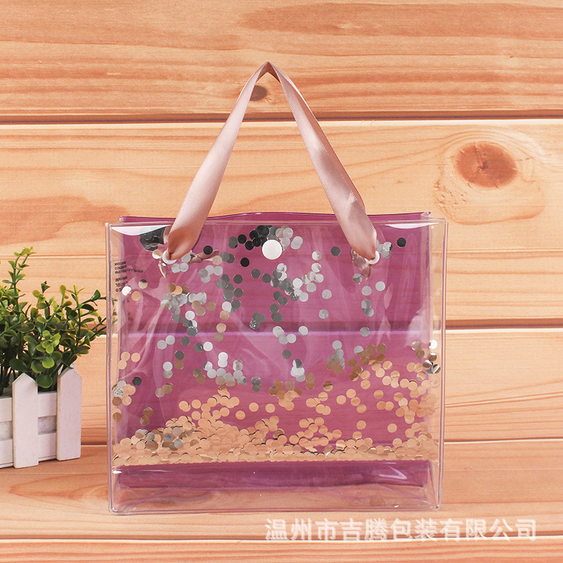 创意印花手提礼品包装袋PVC透明塑料按扣袋时尚透明手提塑料袋