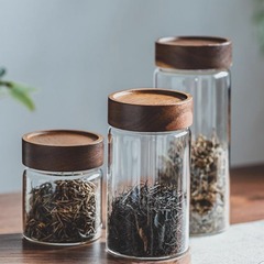 卸売りアカシア木ガラス密封缶ねじ口透明コーヒー豆茶葉収納缶台所雑穀貯蔵缶