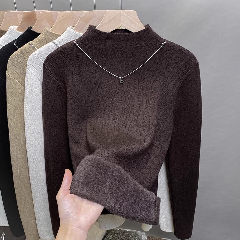 Damen-Fleece-gefütterter Strickpullover – Halbhoher Rollkragen, dickes Winter-Thermooberteil (Weiß, Schwarz, Beige, Khaki, Grau, Rot, Camel, Braun)_voghion.com