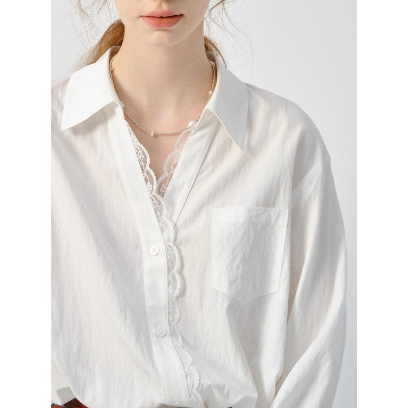 White Shirt Women's Long-sleeved 2025 Spring New Ouruo Style Lace Loose Top All-match Slimming