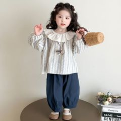 女の子韓国風かわいいスーツ子供春秋新作おしゃれ蓮の葉襟トップスおしゃれワイドレッグパンツ2点セット