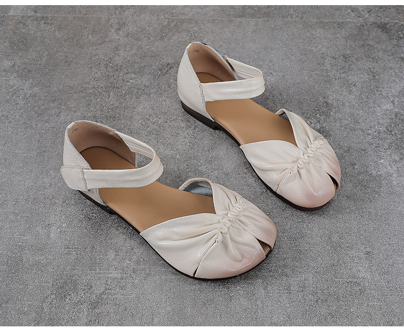 Sandal nữ da bò thật phong cách cổ điển, đế bệt thủ công, mũi nhăn — màu be chi tiết 13