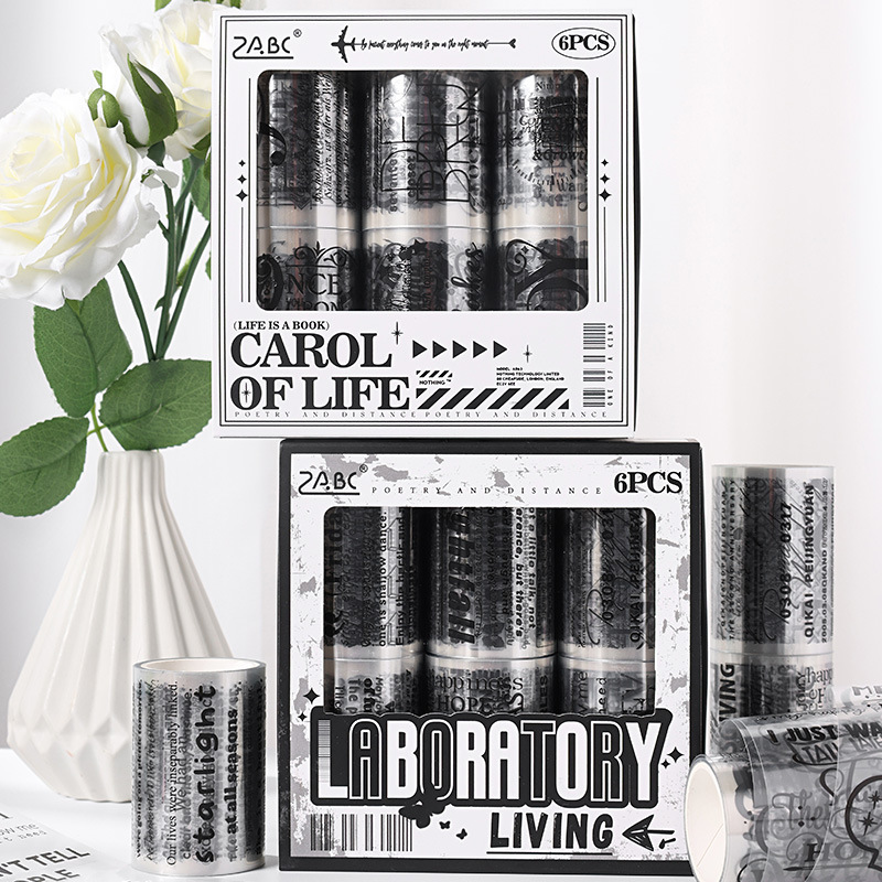 Laboratorio de vida especial aceite impermeable mascota cinta adhesiva transfronteriza Inglés elemento blanco y negro caja cinta adhesiva rodillo