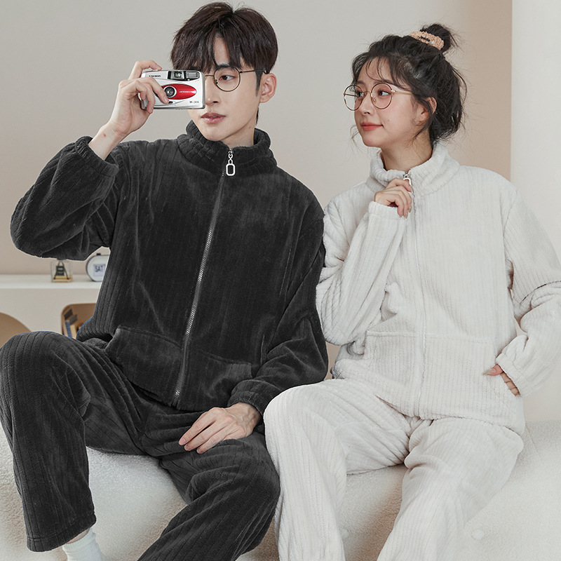 Al aire libre de las mujeres pijamas hombres Otoño e Invierno franela engrosada collar cremallera coral fleece pareja desgaste del hogar traje