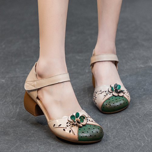  Summer New Women's Medium Hollow Sandals Ethnic Style Top Grain Leather Thick Heel Magic Tape Flower Embroidered Colorful Shoes