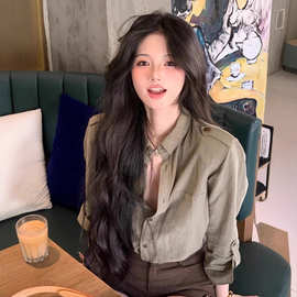 绿色复古防晒长袖衬衫女春秋2025新款气质女士上衣