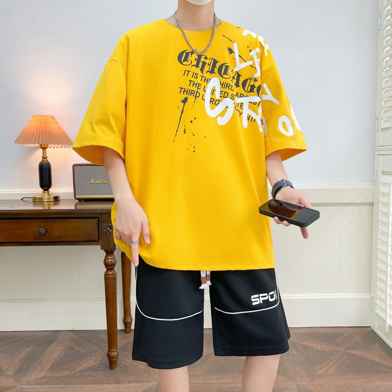 2025 nuevo juego deportivo de hombre de verano camiseta de dos piezas conjunto de tendencia casual variada guapo tamaño grande manga corta suelta