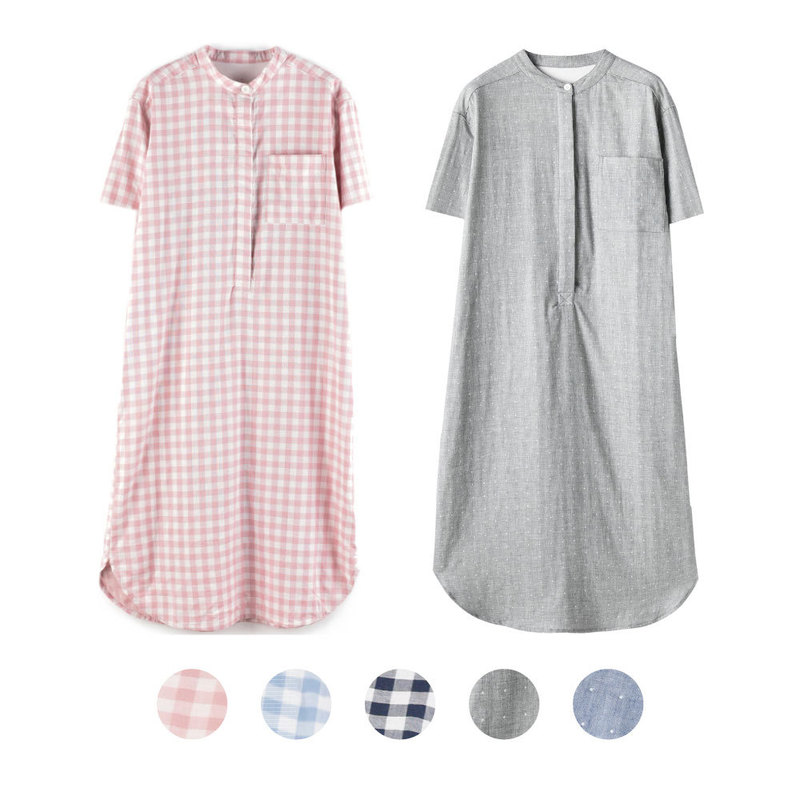 Short Sleeve double-layer yarn woven Indian style nightdress spring and summer new cotton Women's stand collar pajamas dress long homewear