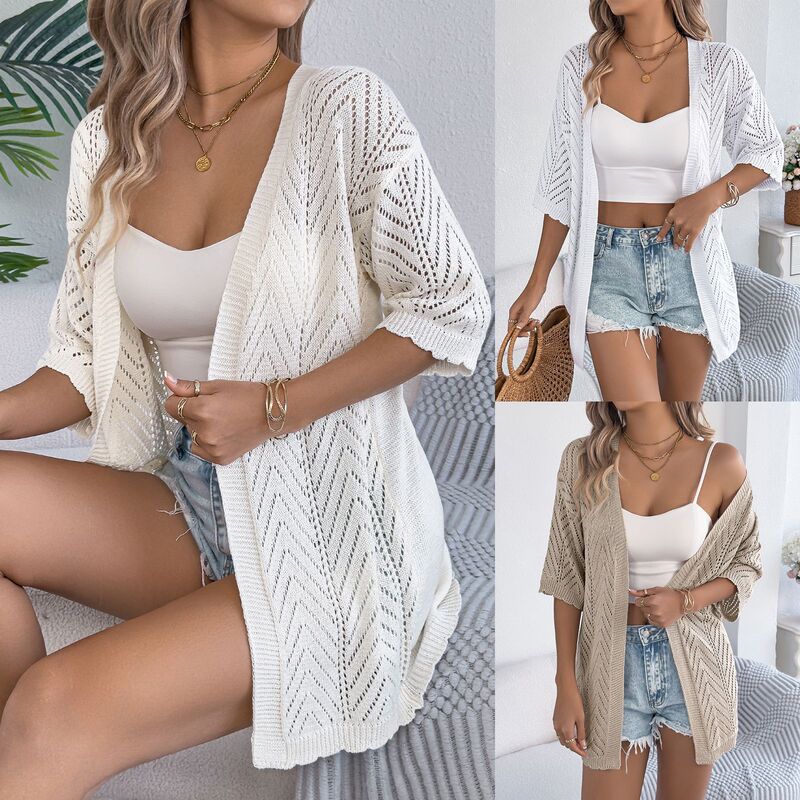 Real Shot of 2025 Spring/Summer European and American Style Solid Color Hollow-Out Short-Sleeve Knit Cardigan, Mid-Length, Amazon Cross-Border Women's Clothing Real Shot of 2025 Spring/Summer European and American Style Solid Color Hollow-Out Short-Sleeve Knit Cardigan, Mid-Length, Amazon Cross-Border Women's Clothing