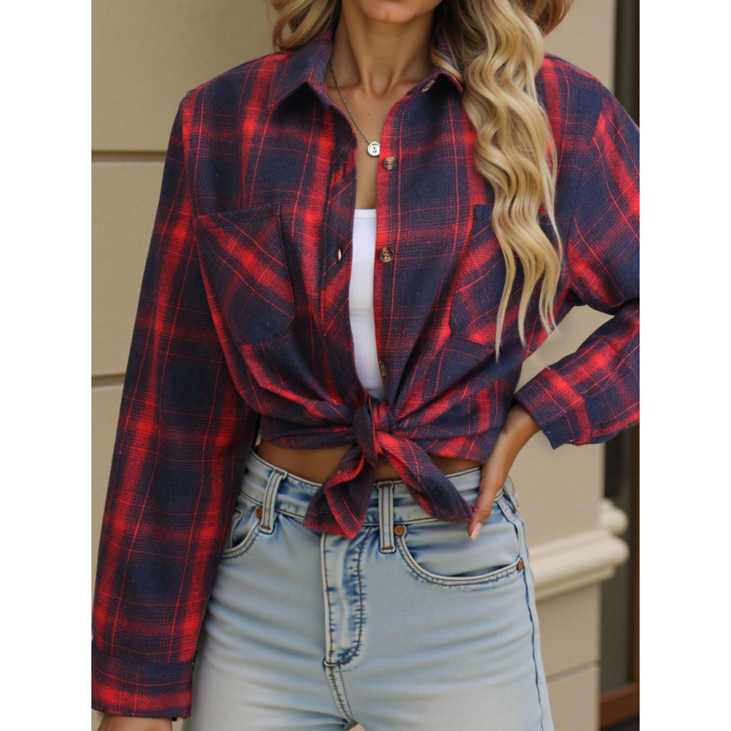 Spring Flannel Long Plaid Shirt Women's Casual Outerwear Cardigan Cross-Border College Style