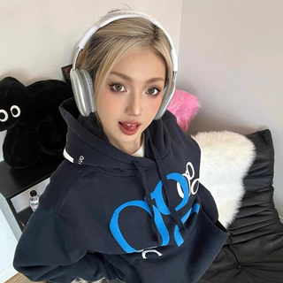 美式复古卫衣女早秋新款字母印花藏青色外套oversize情侣宽松上衣