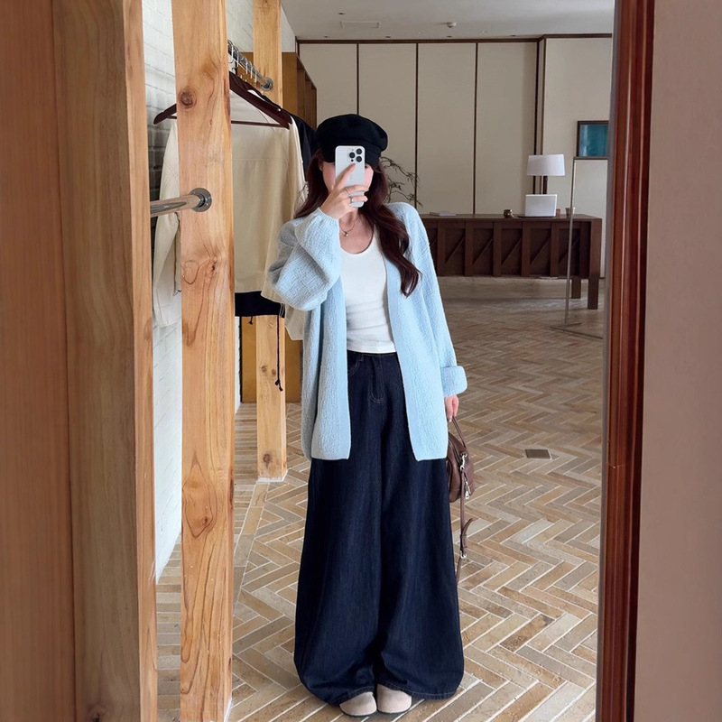 Autumn and Winter New Style Lazy Style Bark Pattern Fashionable Versatile Loose Mid-Length Puff Sleeve Sweater Jacket for Women