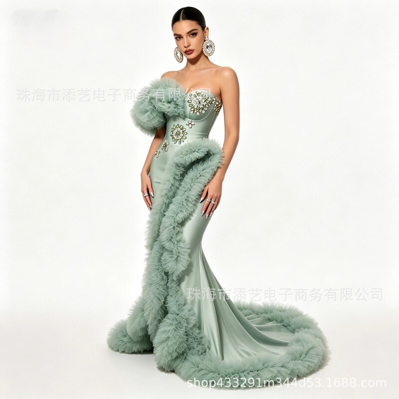 Mint green strapless evening gown with diamonds, long train, mesh fringe, stage pageant runway performance dress