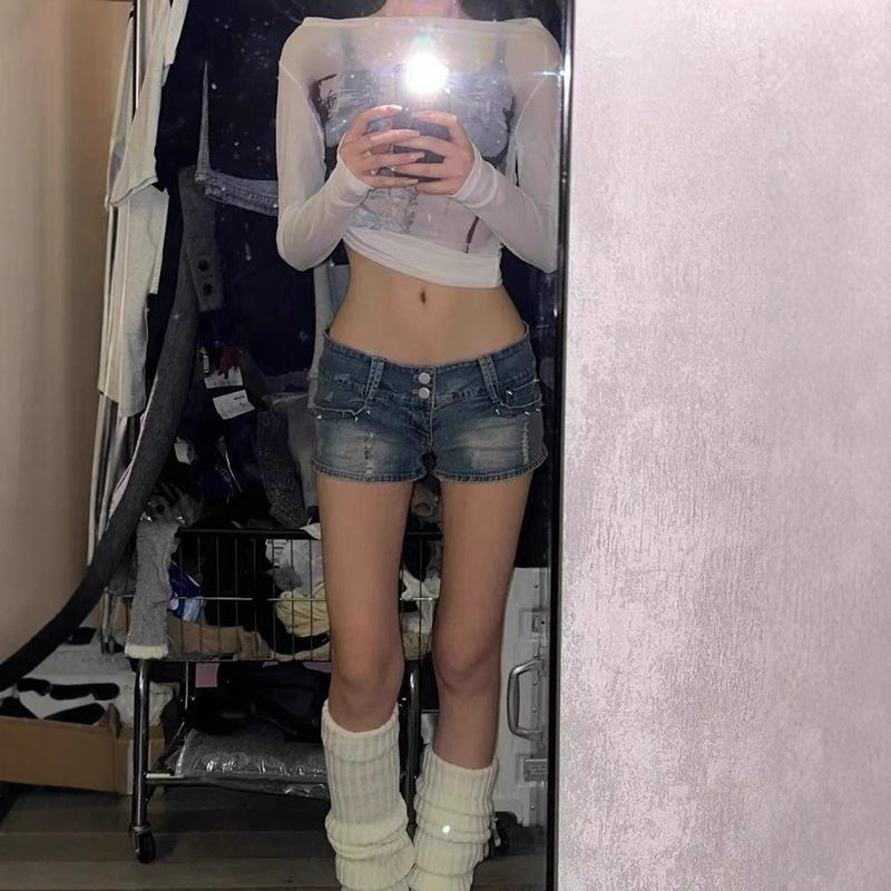 American Retro Hot Girl Low Waist Denim Super Shorts Women's Spring and Summer High Street Design Sense Bag Hip Slimming Straight Hot Pants American Retro Hot Girl Low Waist Denim Super Shorts Women's Spring and Summer High Street Design Sense Bag Hip Slimming Straight Hot Pants