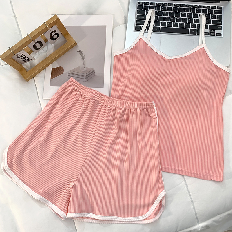 2025 Women's Summer Pajamas with Chest Pads, Cool Suspenders, Ice Silk Thread Girls' Thin Sports Style Home Wear Set