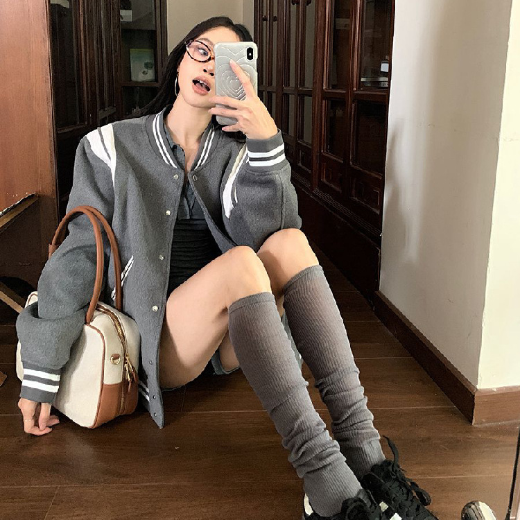 春百搭外套女款灰色复古学院风设计感拼接棒球服小众秋保暖开衫|undefined