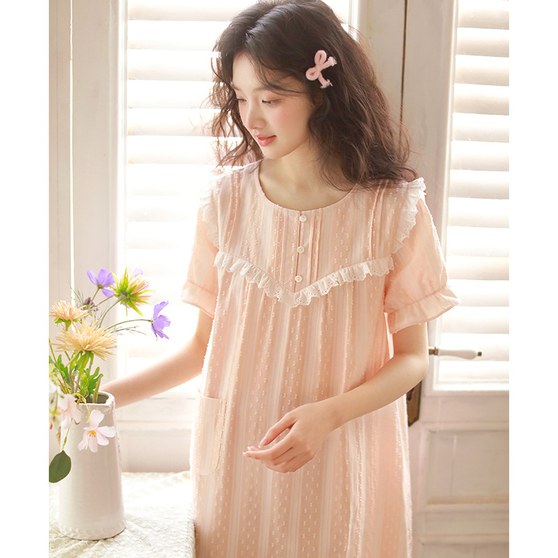 女性用ナイトガウン、夏の純粋な欲望スタイルの半袖夏の新しいパジャマ、純綿ガーゼ、甘い女の子は家着の外でも着用できます