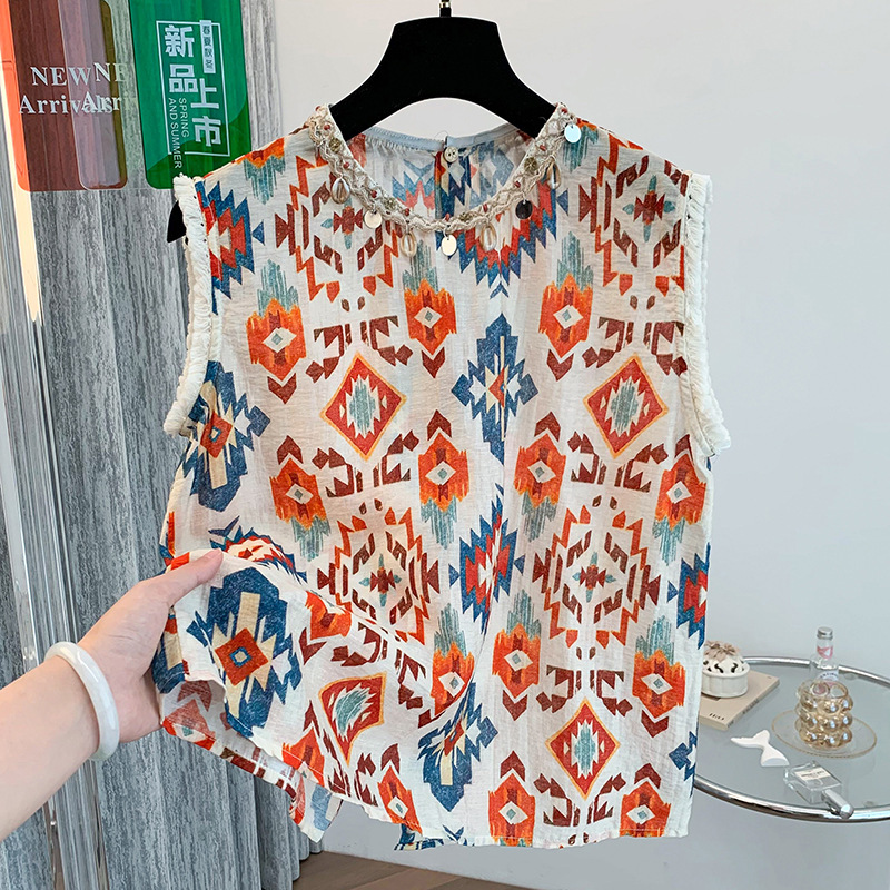 Designed Round Neck Flying Sleeves Beaded Printed Vest Shirt Women's Summer New Fashion Slim Casual Waistcoat Top Designed Round Neck Flying Sleeves Beaded Printed Vest Shirt Women's Summer New Fashion Slim Casual Waistcoat Top