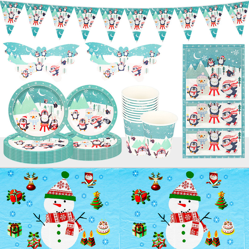 Christmas Themed Blue Snowman Penguin Disposable Tableware Set Paper Plate Paper Cup Paper Towel Party Decoration Supplies Christmas Themed Blue Snowman Penguin Disposable Tableware Set Paper Plate Paper Cup Paper Towel Party Decoration Supplies