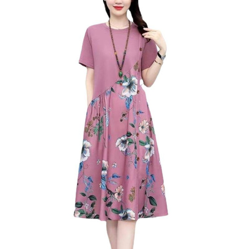 2025 short-sleeved dress, women's summer retro print, fat, skin-covering, loose casual mid-long line dress