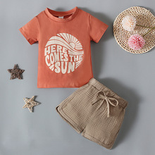 儿童欧美夏季款女童字母印花短袖上衣+浅棕色短裤两件套童装 ins