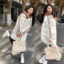 外贸冬季假两件羽绒棉服女韩版纯色中长款连帽条纹宽松大码女棉袄