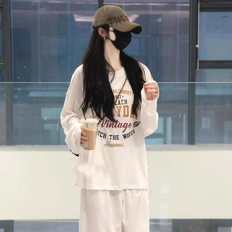 白色纯棉长袖t恤女 夏季秋季复古美式宽松休闲字母印花圆领上衣女|undefined