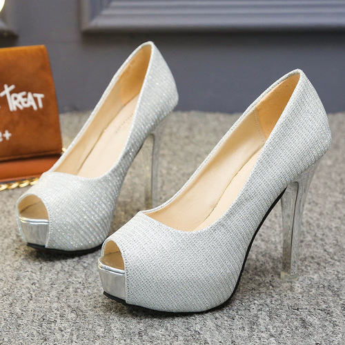 Spring and Autumn Women's Waterproof Platform Heel Very High Thin Heel Fish Mouth Slip-On Shoes with Gold Powder Sparkling High Heels