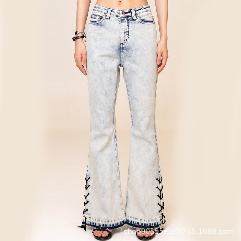 Spot SMFK Wilderness Rock Mermaid Jeans Yu Wenwen's Same Style Adjustable Drawstring Raw Edge Flared Pants for Women in Autumn